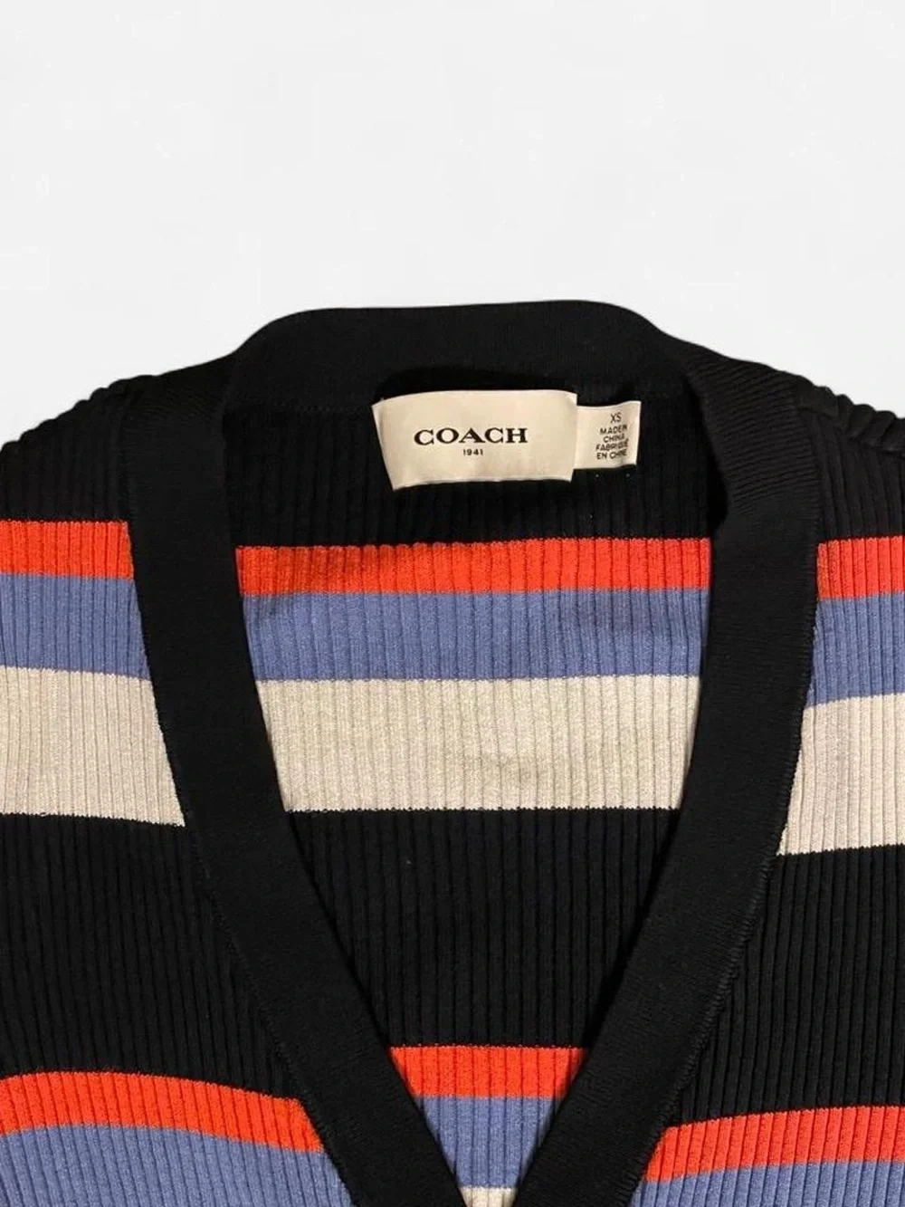 Coach Navy Striped Button-Up V-Neck Cardigan with Red, Blue & White Stripes